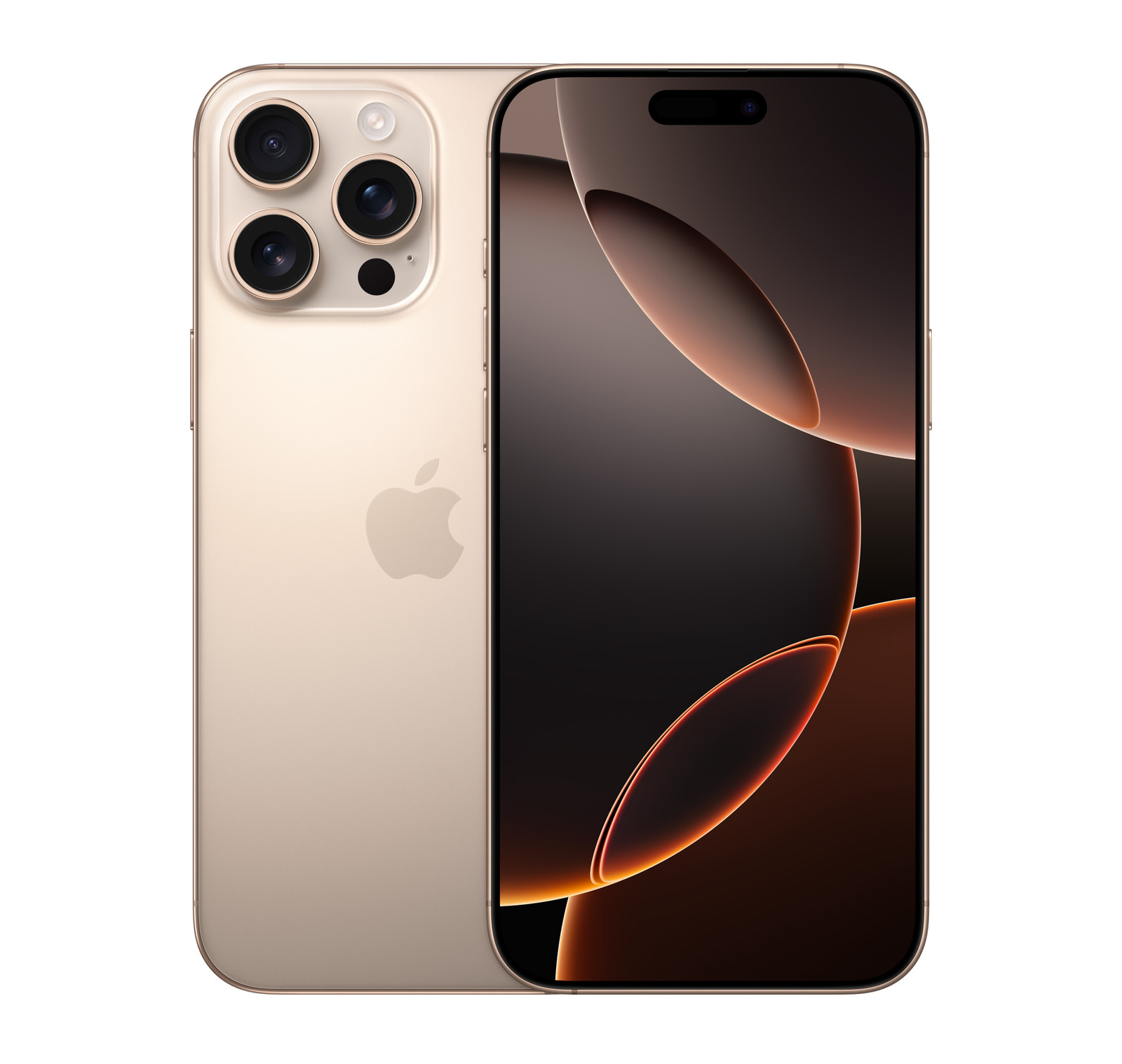 iPhone 16 Pro Max in Desert Titanium, front and back
