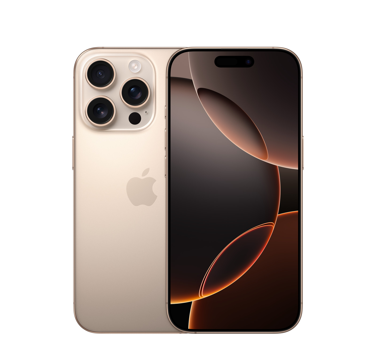 iPhone 16 Pro in Desert Titanium, front and back