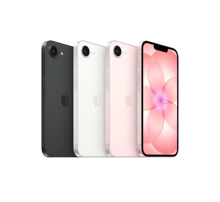 iPhone 17e in Black, White, and Soft Pink - back and front views
