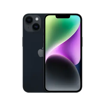 iPhone 14 in Midnight, front and back
